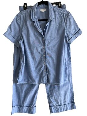 LAKE 100% Cotton Pajama Set Womens Medium Blue Short Sleeve Long Pants Preppy
